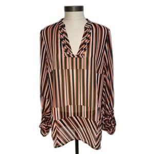 CABI Women's Sheer Orange & Black striped tunic blouse Size M